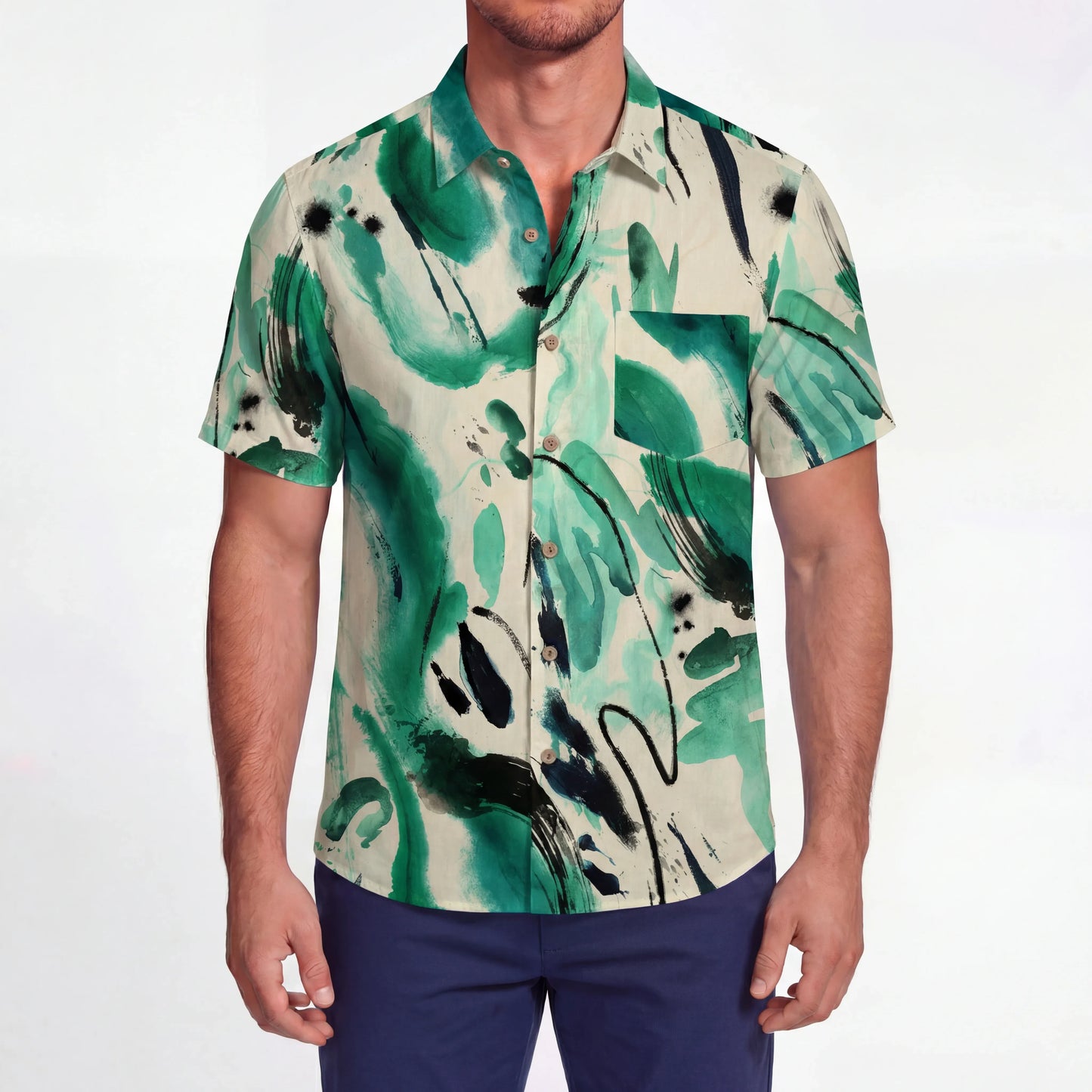 LeosWare® Men's Hawaiian Shirt Short Sleeve Button-up 100% Cotton Green Aloha Abstract Ink Flow