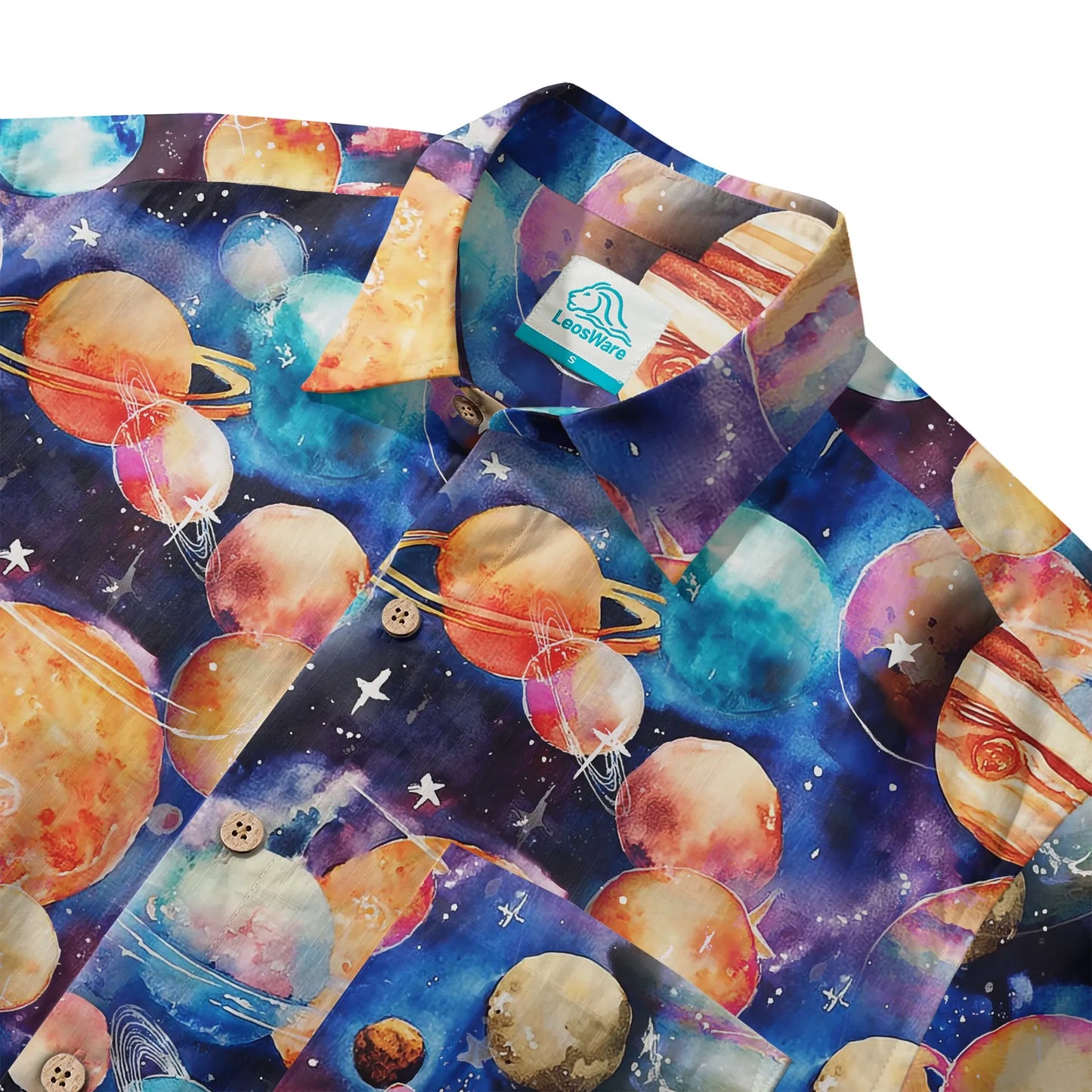 LeosWare® Men's Hawaiian Shirt Short Sleeve Button-up 100% Cotton Blue Aloha Watercolor Star Dream