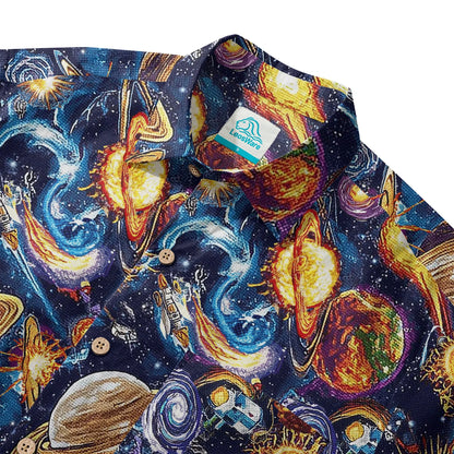 LeosWare® Men's Hawaiian Shirt Short Sleeve Button-up 100% Cotton Blue Aloha Journey Across The Stars