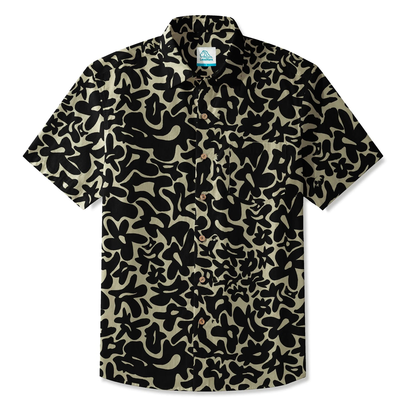 LeosWare® Men's Hawaiian Shirt Short Sleeve Button-up 100% Cotton Black Aloha Minimalist Black Brown Florals