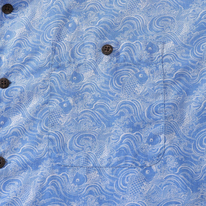 Hawaiian Shirts For Men Traditional Koi Carp Printed 100% Cotton Short Sleeve - Blue