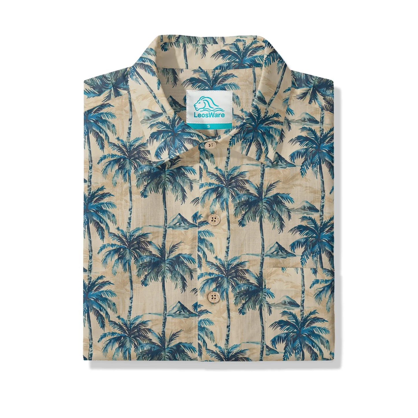 LeosWare® Men's Hawaiian Shirt Short Sleeve Button-up 100% Cotton Blue Aloha Blue Coconut Island Shadow