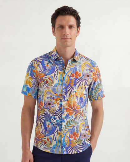 LeosWare® Men's Hawaiian Shirt Short Sleeve Button-up 100% Cotton Blue Aloha Tropical Floral Painting