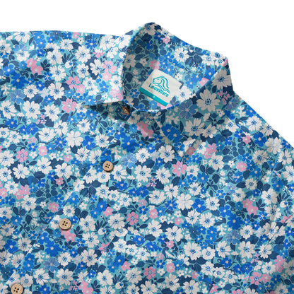 LeosWare® Flower Men's Hawaiian Shirt Short Sleeve Button-up 100% Cotton Blue Aloha Blue Sea Flower Trail