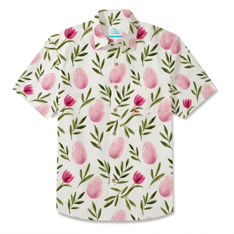 LeosWare® Men's Hawaiian Shirt Short Sleeve Button-up Breathable & Quick-Dry Aloha Pink Easter Eggs
