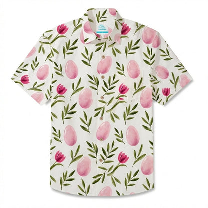 LeosWare® Men's Hawaiian Shirt Short Sleeve Button-up Breathable & Quick-Dry Aloha Pink Easter Eggs