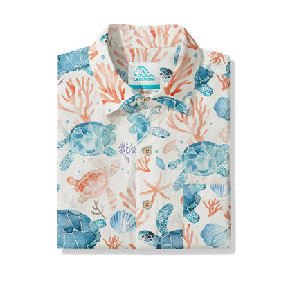 LeosWare® Men's Hawaiian Shirt Short Sleeve Button-up 100% Cotton Blue Aloha Blue Turtle Roaming Coral