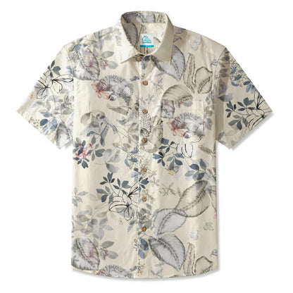 LeosWare® Men's Hawaiian Shirt Short Sleeve Button-up 100% Cotton Gray Aloha Dreamy Soft Botanicals