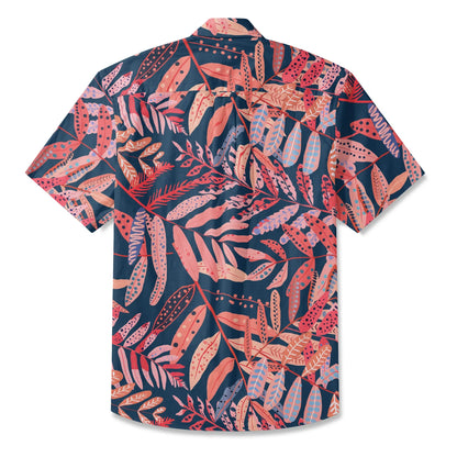 LeosWare® Plant Men's Hawaiian Shirt Short Sleeve Button-up 100% Cotton Red Aloha Crimson Leaf Jungle