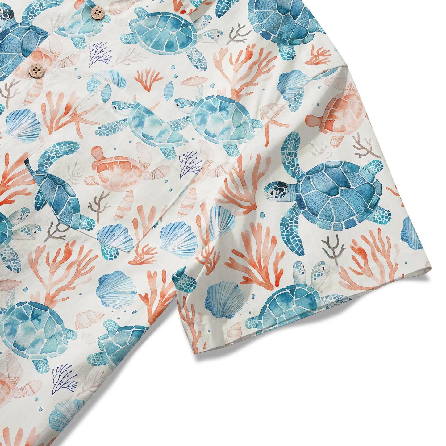 LeosWare® Men's Hawaiian Shirt Short Sleeve Button-up 100% Cotton Blue Aloha Blue Turtle Roaming Coral