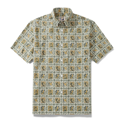 Men's Hawaiian Seahorse Grid and Animal Print 100% Cotton Short Sleeve Shirt - Orange
