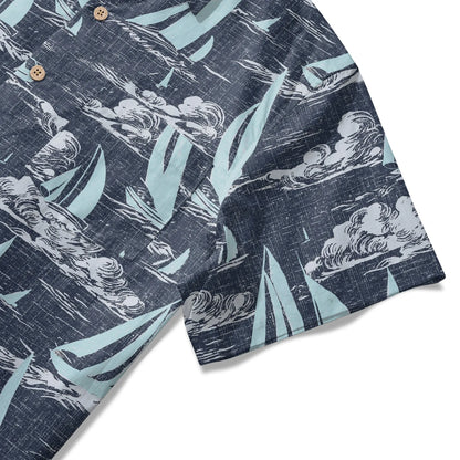 LeosWare® Sailboat Men's Hawaiian Shirt Short Sleeve Button-up 100% Cotton Blue Aloha Sailing To The Horizon