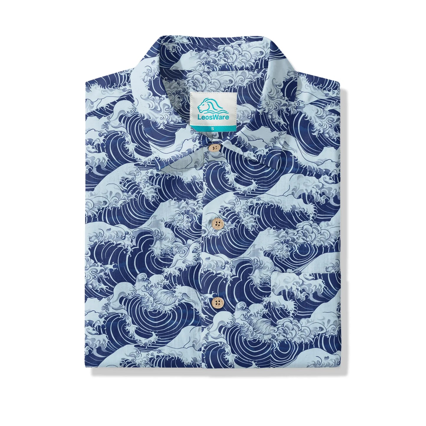 LeosWare® Men's Hawaiian Shirt Short Sleeve Button-up 100% Cotton Blue Aloha Blue Wave World