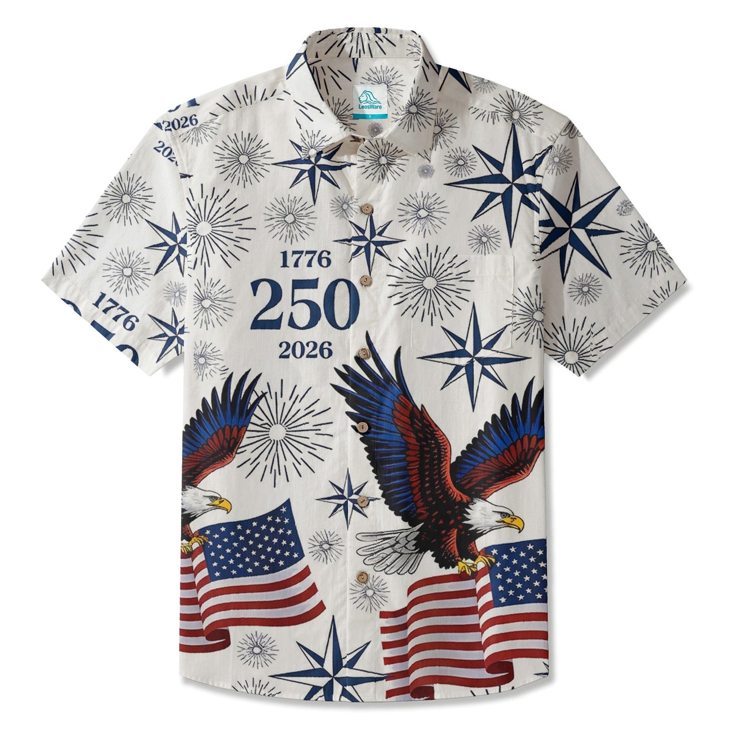 LeosWare® Men's Hawaiian Shirt Short Sleeve Button-up Breathable & Quick-Dry Aloha American Flag Eagle Fireworks Commemorating 250 Years