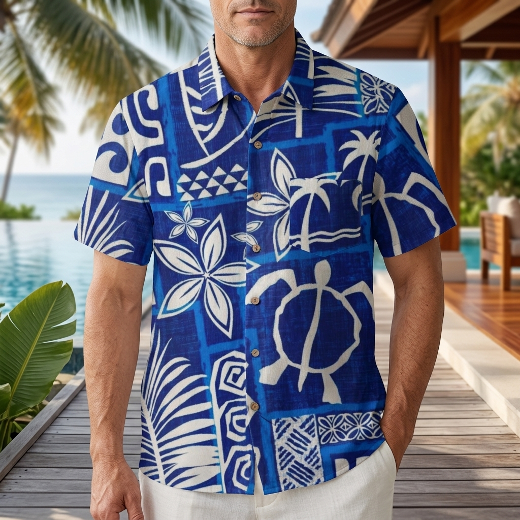 LeosWare® Men's Hawaiian Shirt Short Sleeve Button-up Breathable & Quick-Dry Aloha Tiki Mood(island Blue)