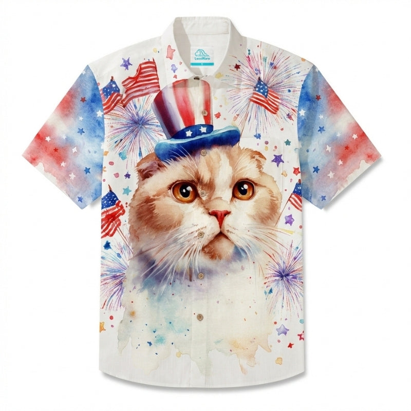 LeosWare® Men's Hawaiian Shirt Short Sleeve Button-up Breathable & Quick-Dry Aloha American Watercolor Cat