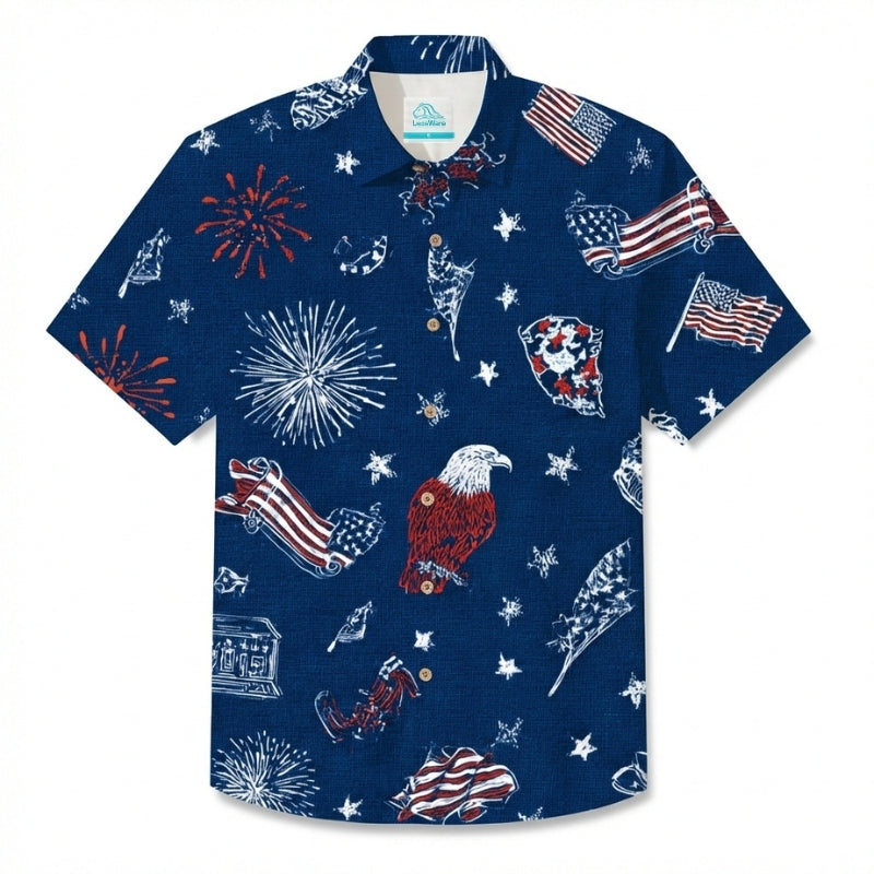 LeosWare® Men's Hawaiian Shirt Short Sleeve Button-up Breathable & Quick-Dry Aloha God Bless America Eagle 250th Anniversary
