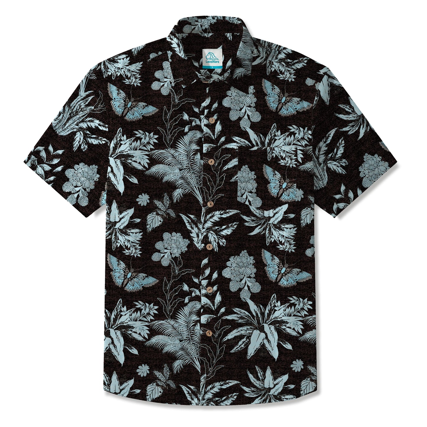 LeosWare® Men's Hawaiian Shirt Short Sleeve Button-up 100% Cotton Black Aloha Mystical Flowers And Butterflies
