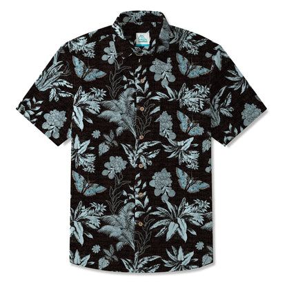 LeosWare® Men's Hawaiian Shirt Short Sleeve Button-up 100% Cotton Black Aloha Mystical Flowers And Butterflies