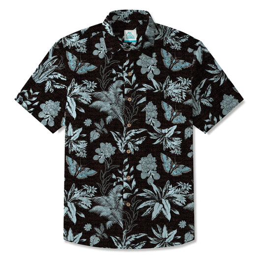 LeosWare® Men's Hawaiian Shirt Short Sleeve Button-up 100% Cotton Black Aloha Mystical Flowers And Butterflies