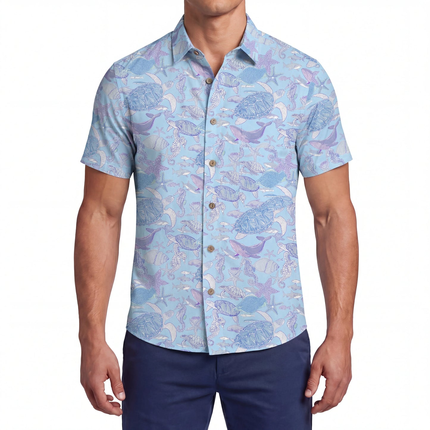 LeosWare® Men's Hawaiian Shirt Short Sleeve Button-up 100% Cotton Blue Aloha Sea Turtle Serenade