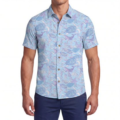 LeosWare® Men's Hawaiian Shirt Short Sleeve Button-up 100% Cotton Blue Aloha Sea Turtle Serenade