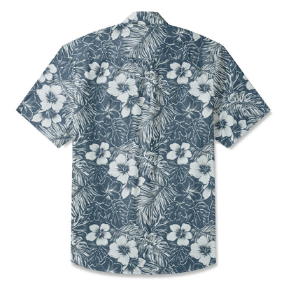 LeosWare® Hibiscus Flower Men's Hawaiian Shirt Short Sleeve Button-up 100% Cotton Blue Aloha Blue Ink Flower Shadows