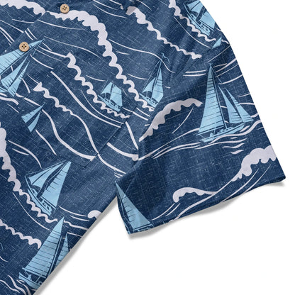 LeosWare® Sailboat Men's Hawaiian Shirt Short Sleeve Button-up 100% Cotton Blue Aloha Blue Sail Adventure