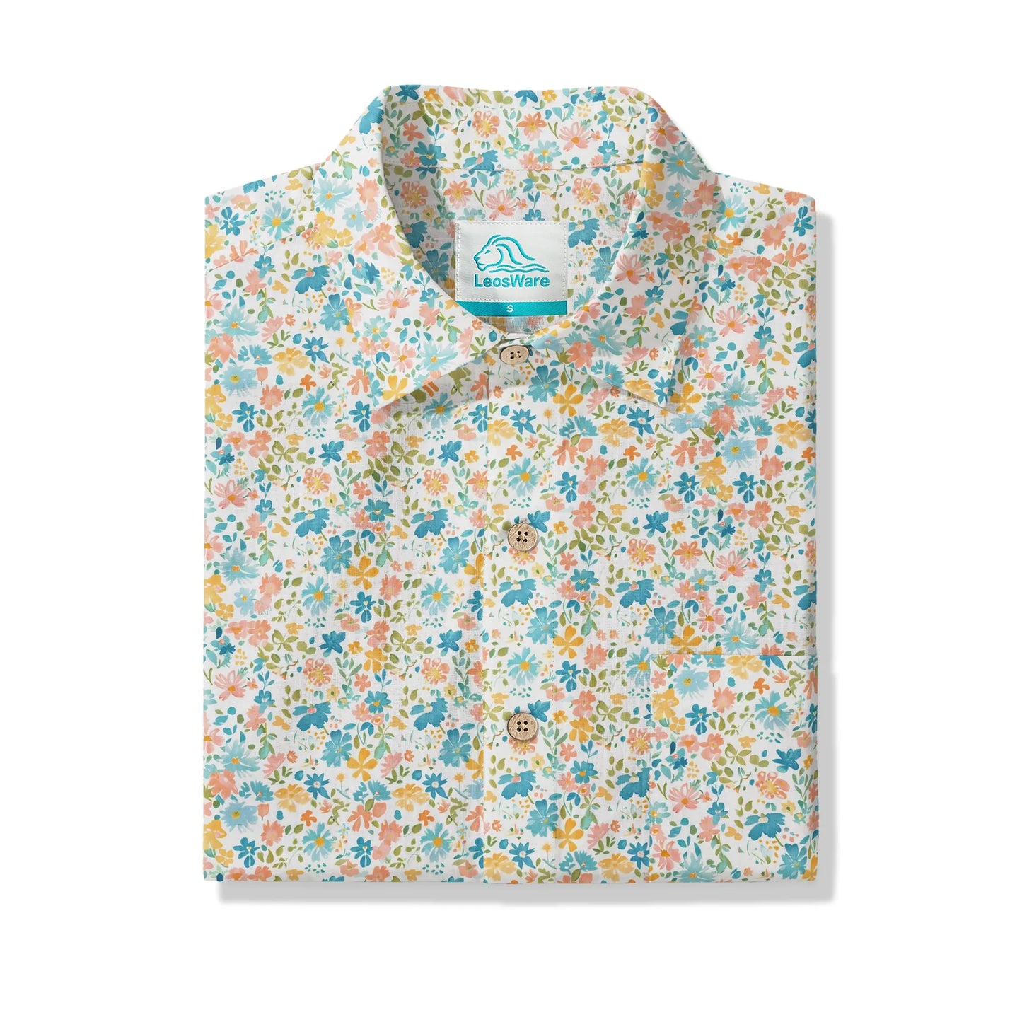 LeosWare® Flower Men's Hawaiian Shirt Short Sleeve Button-up 100% Cotton Beige Aloha Sunny Day Wildflowers