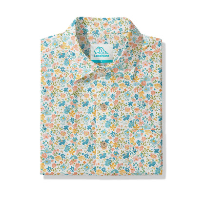 LeosWare® Flower Men's Hawaiian Shirt Short Sleeve Button-up 100% Cotton Beige Aloha Sunny Day Wildflowers