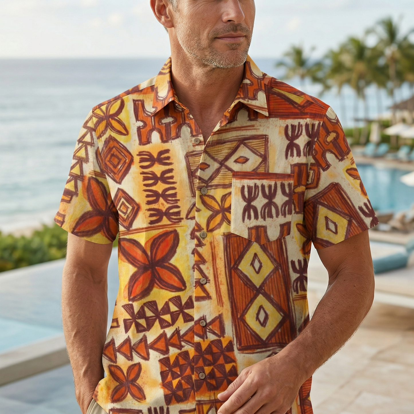 LeosWare® Men's Hawaiian Shirt Short Sleeve Button-up 95% Polyester, 5% Spandex Aloha Ember Tribe