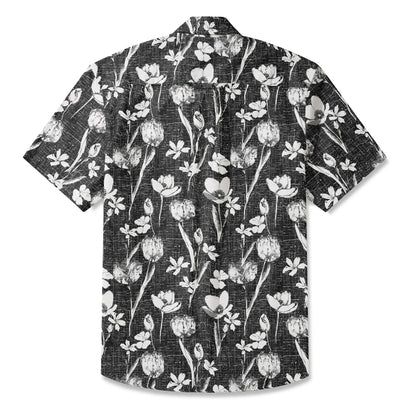 LeosWare® Flower Men's Hawaiian Shirt Short Sleeve Button-up 100% Cotton Black Aloha Ink Strokes And Flower Traces