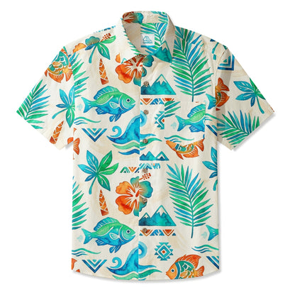 LeosWare® Men's Hawaiian Shirt Short Sleeve Button-up 95% Polyester, 5% Spandex Aloha Sea Breeze