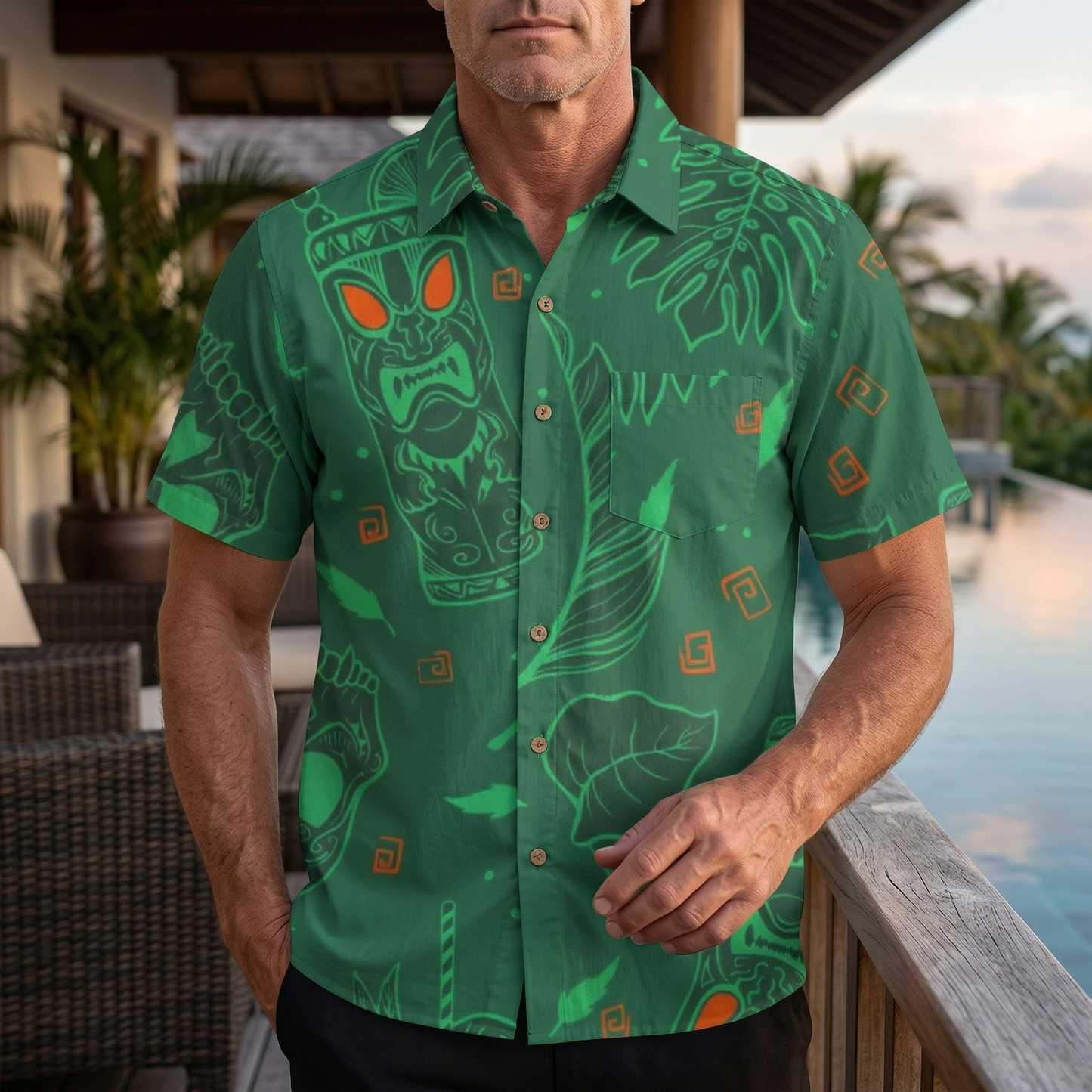 LeosWare® Men's Hawaiian Shirt Short Sleeve Button-up Premium polyester fabric Aloha A Tropical Treasure