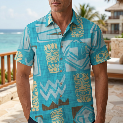 LeosWare® Men's Hawaiian Shirt Short Sleeve Button-up Breathable & Quick-Dry Aloha Tiki Geo