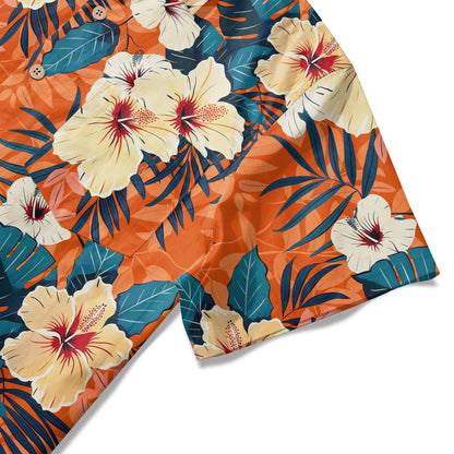 LeosWare® Men's Hawaiian Shirt Short Sleeve Button-up 100% Cotton Orange Aloha Blooming Orange Hibiscus