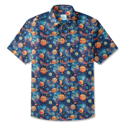 LeosWare® Men's Hawaiian Shirt Short Sleeve Button-up 100% Cotton Blue Aloha Starry Journey