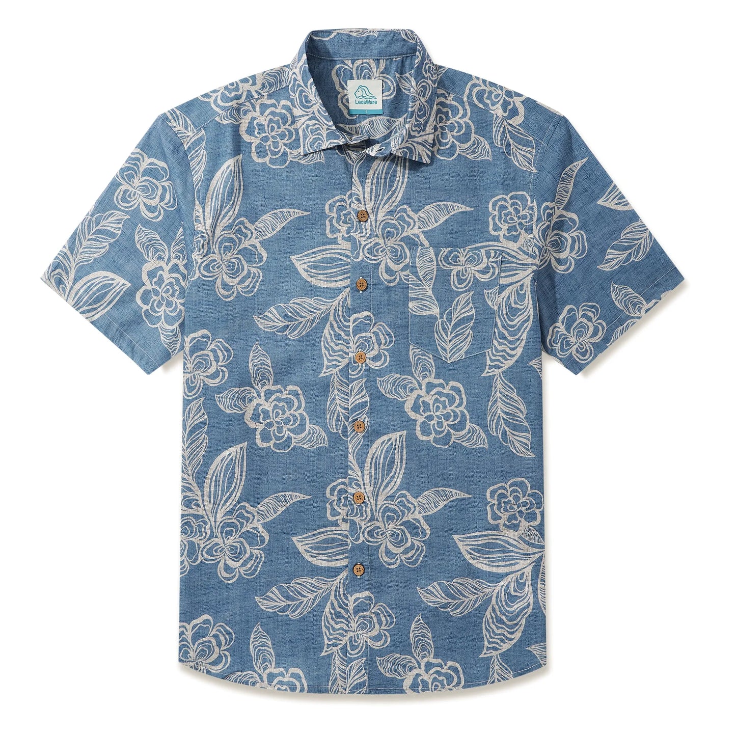 LeosWare® Men's Hawaiian Shirt Short Sleeve Button-up 100% Cotton Blue Aloha Light Blue Elegant Florals