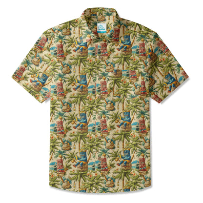 LeosWare® Men's Hawaiian Shirt Short Sleeve Button-up 100% Cotton Green Aloha Tiki's Coconut Grove Blissful Holiday