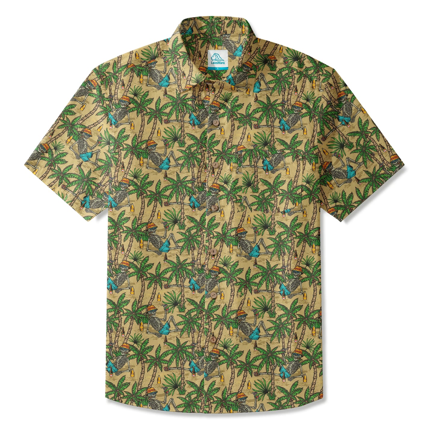 LeosWare® Men's Hawaiian Shirt Short Sleeve Button-up 100% Cotton Green Aloha Skeleton's Coconut Beach Vacation