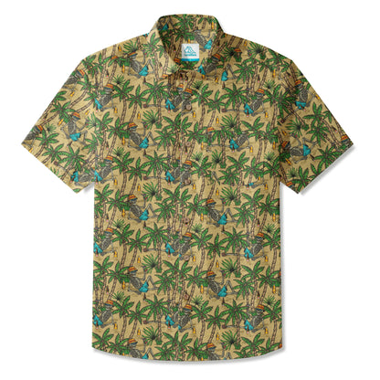 LeosWare® Men's Hawaiian Shirt Short Sleeve Button-up 100% Cotton Green Aloha Skeleton's Coconut Beach Vacation