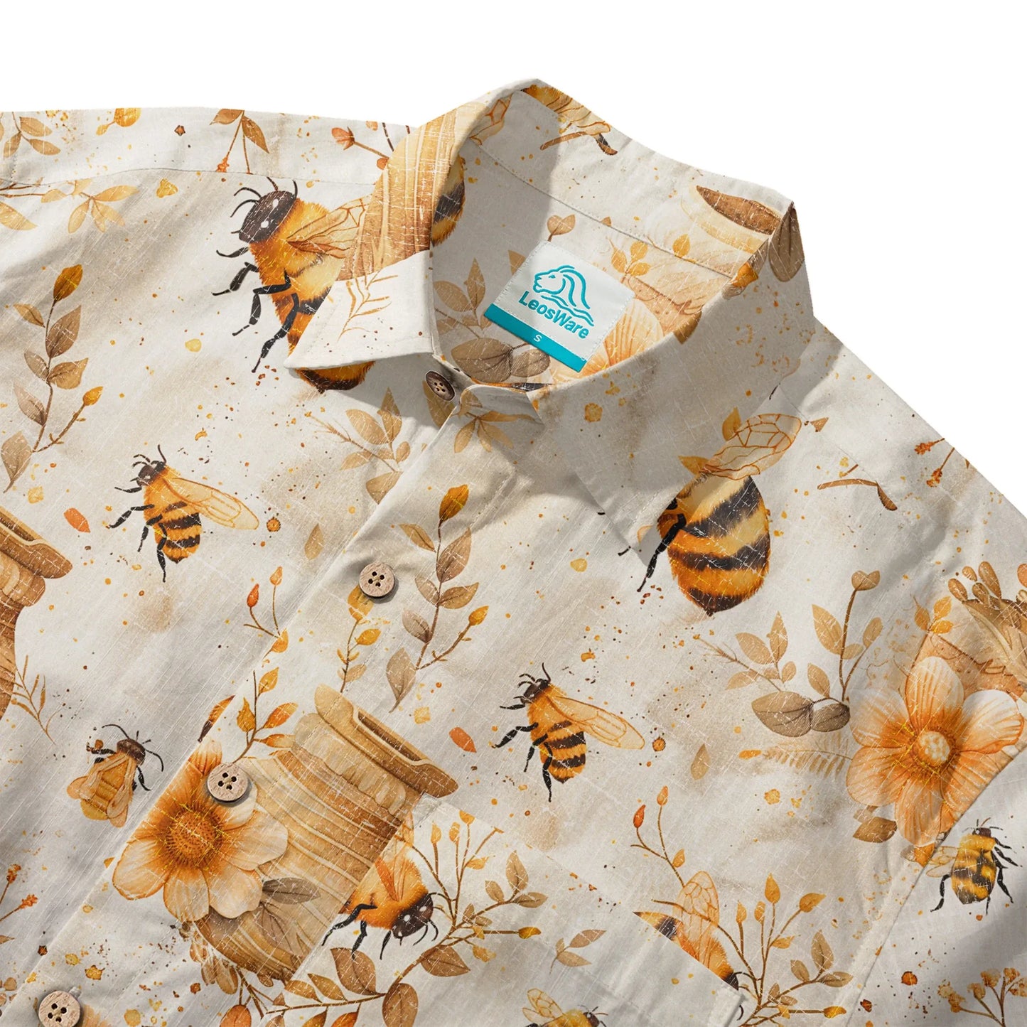 LeosWare® Men's Hawaiian Shirt Short Sleeve Button-up 100% Cotton Yellow Aloha Autumn Harvest In The Honey Garden Bee