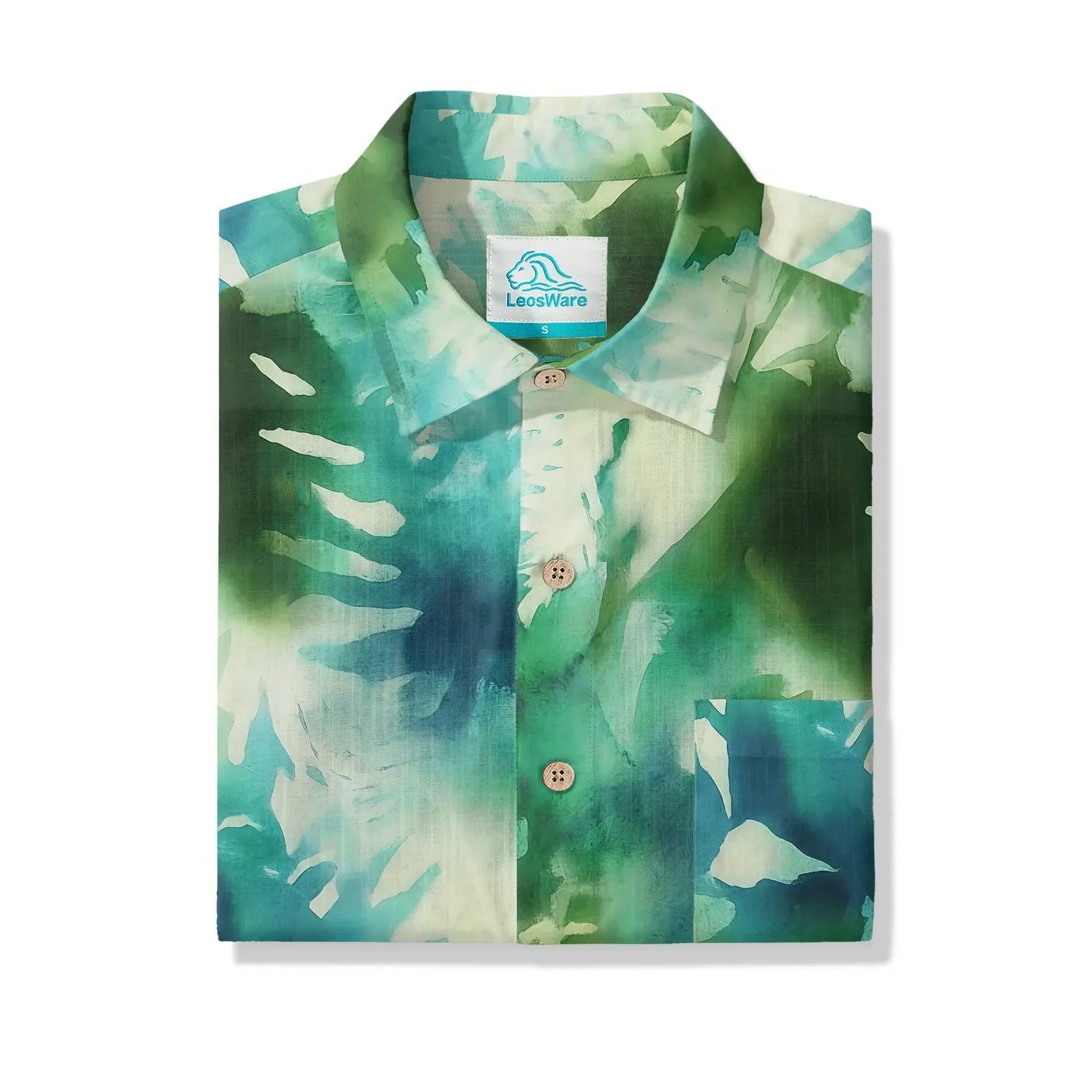 LeosWare® Men's Hawaiian Shirt Short Sleeve Button-up 100% Cotton Green Aloha Misty Forest Cascade