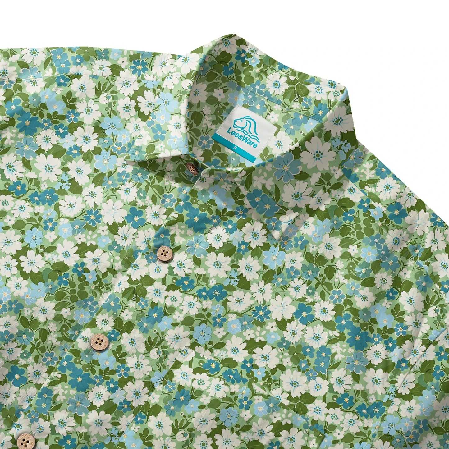 LeosWare® Flower Men's Hawaiian Shirt Short Sleeve Button-up 100% Cotton Green Aloha Fresh Blooms