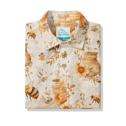 LeosWare® Men's Hawaiian Shirt Short Sleeve Button-up 100% Cotton Yellow Aloha Autumn Harvest In The Honey Garden Bee