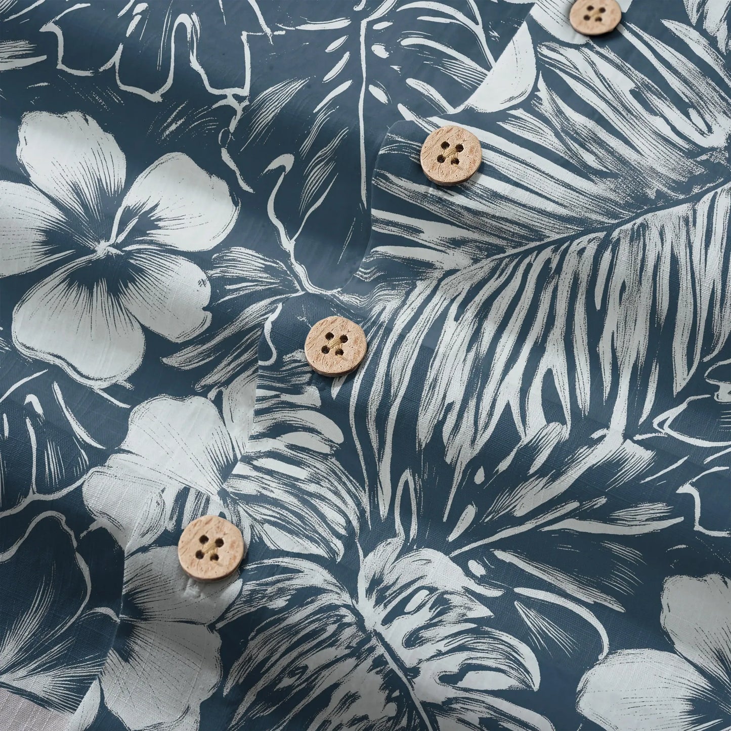 LeosWare® Hibiscus Flower Men's Hawaiian Shirt Short Sleeve Button-up 100% Cotton Blue Aloha Blue Ink Flower Shadows