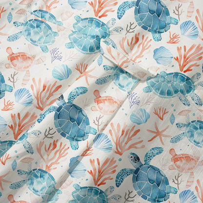 LeosWare® Men's Hawaiian Shirt Short Sleeve Button-up 100% Cotton Blue Aloha Blue Turtle Roaming Coral