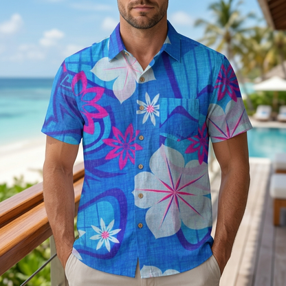 LeosWare® Men's Hawaiian Shirt Short Sleeve Button-up Breathable & Quick-Dry Aloha Tropical Blue