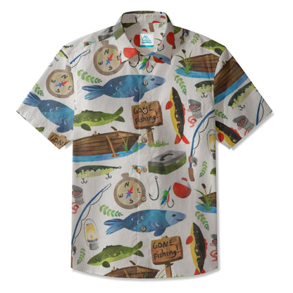 LeosWare® Men's Hawaiian Shirt Short Sleeve Button-up Breathable & Quick-Dry Aloha Gone Fishing