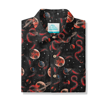 LeosWare® Men's Hawaiian Shirt Short Sleeve Button-up 100% Cotton Black Apace Aloha Crimson Celestial River